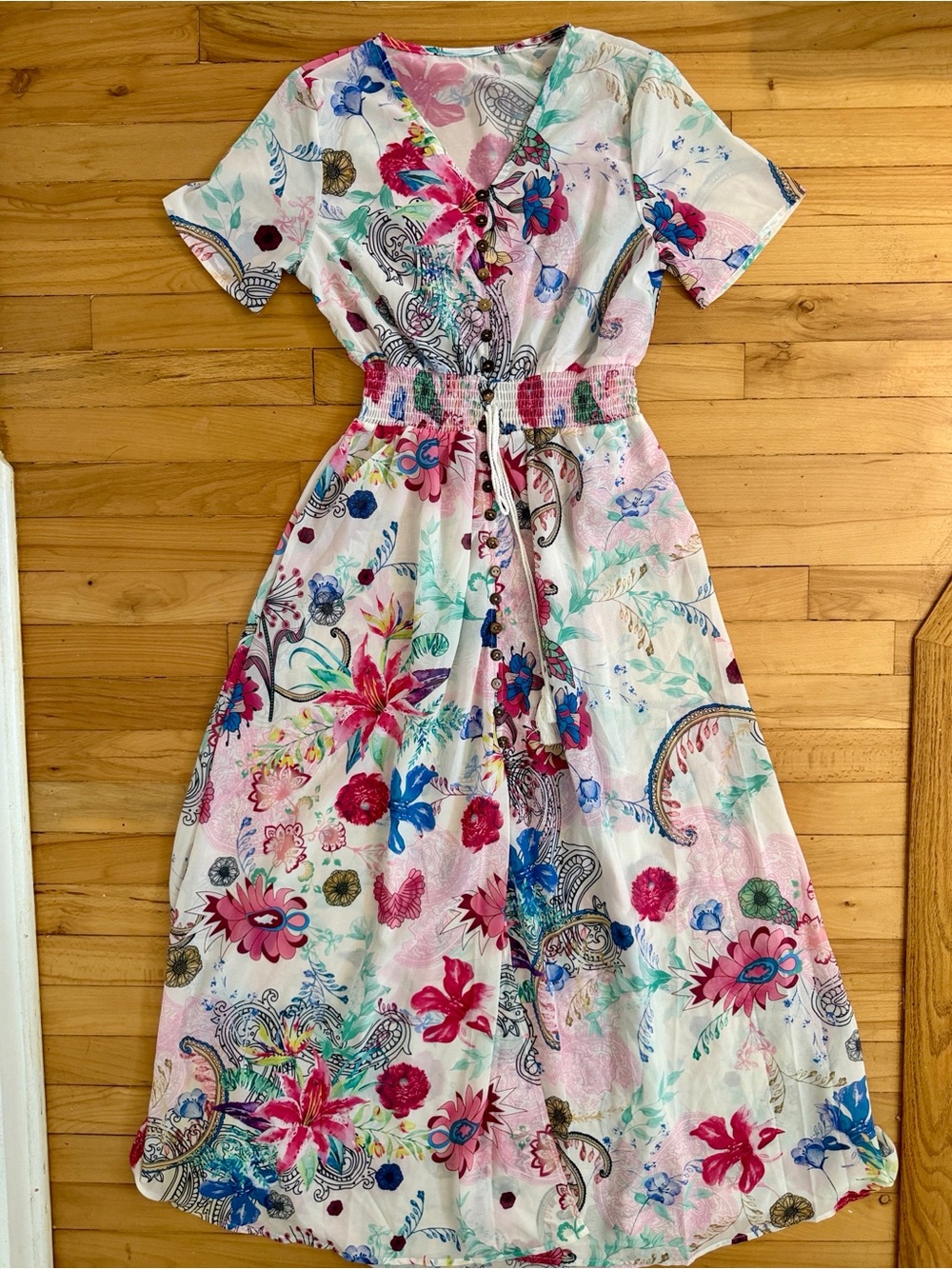 Floral V-Neck Short Sleeve Midi Dress - Multi